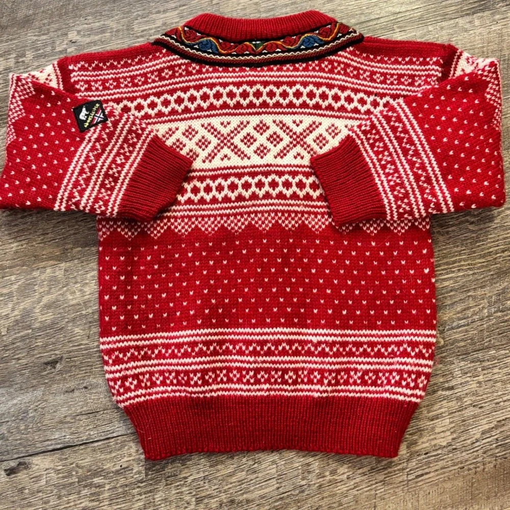 Norlender Norwegian Knit Sweater Kids 4 Red Good Fair Isle Wool Pewter Clasps